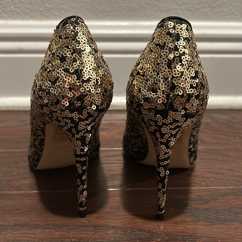 ALDO Black Gold Sequins Heels Pumps Size 7.5 - Picture 7 of 15